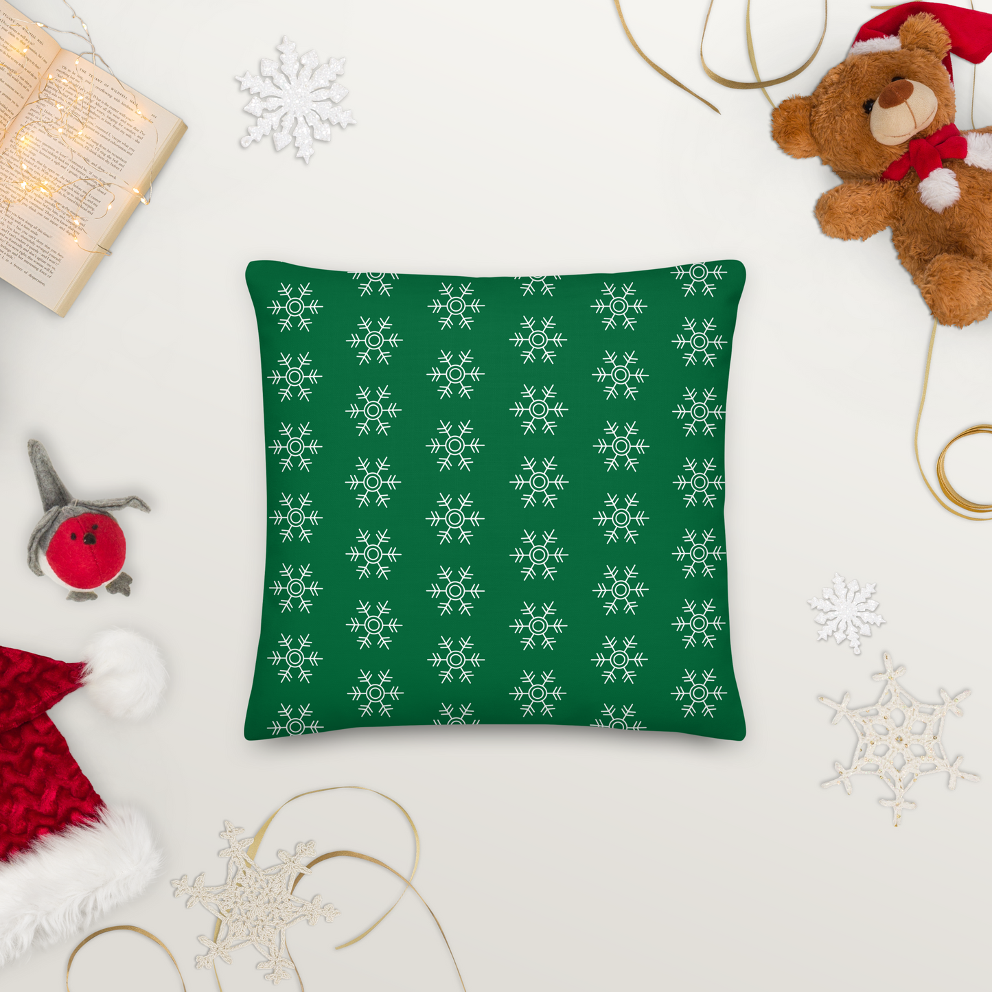 Snow Flake Double-sided Green Premium Pillow 18"x18"