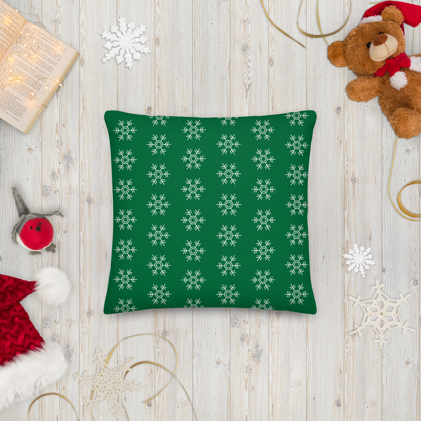 Snow Flake Double-sided Green Premium Pillow 18"x18"